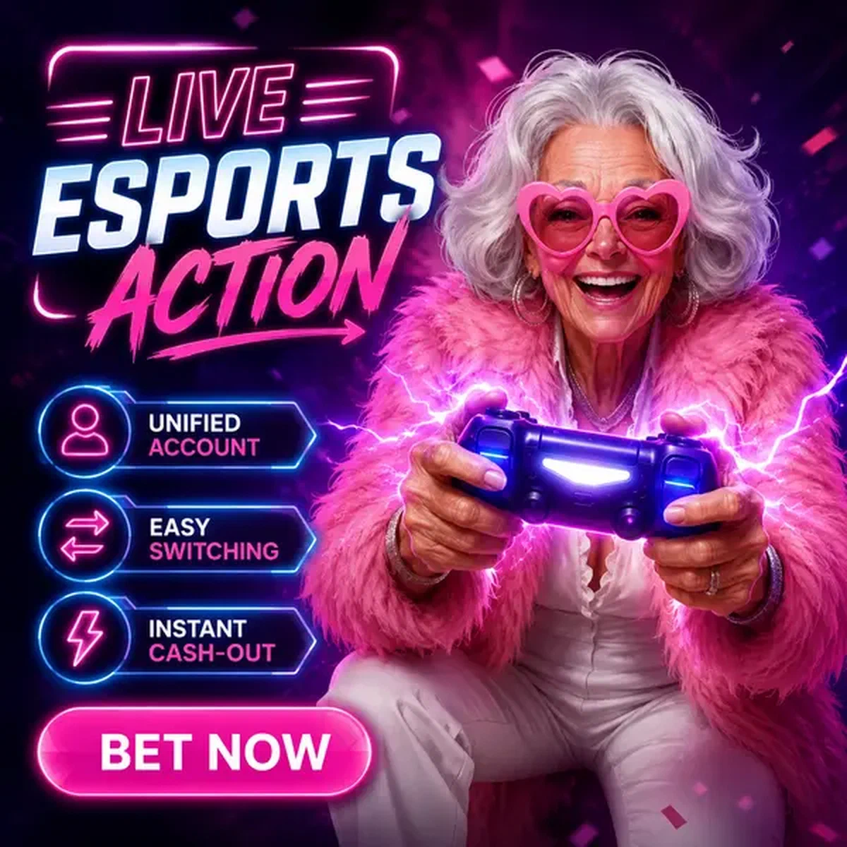 Begeisterter Gamer mit Controller in der Spingranny Esport-Wetten-Arena mit Neon-Beleuchtung
