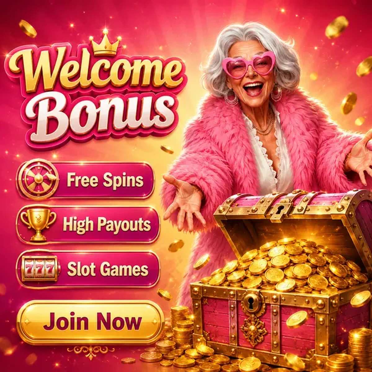 Lebhafte Frau enthüllt Live-Casino-Schatz bei SpinGranny-Willkommensbonus-Truhe