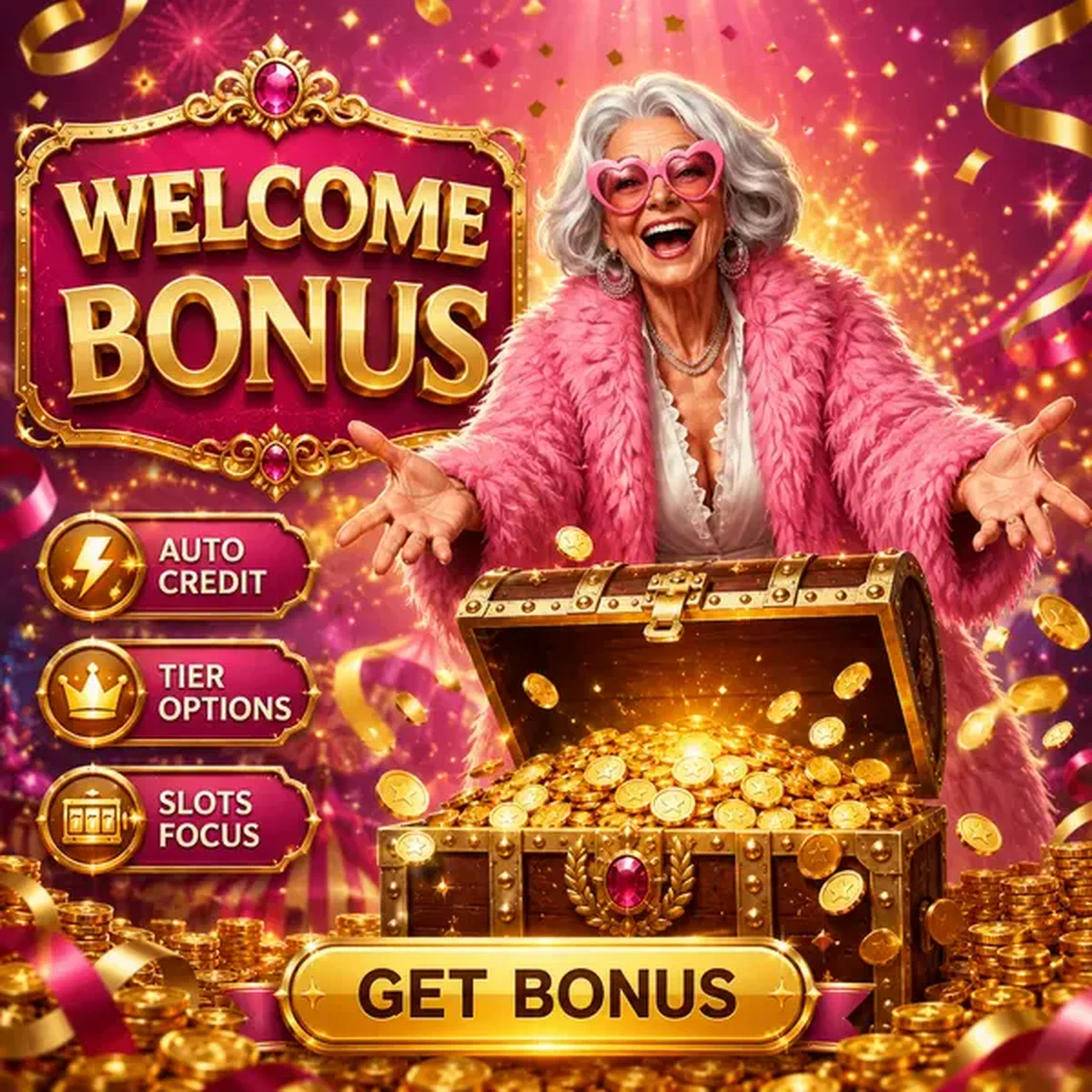 Fröhlicher Spingranny Casino-Charakter präsentiert Willkommensbonus-Schatztruhe, die von goldenen Münzen überquillt