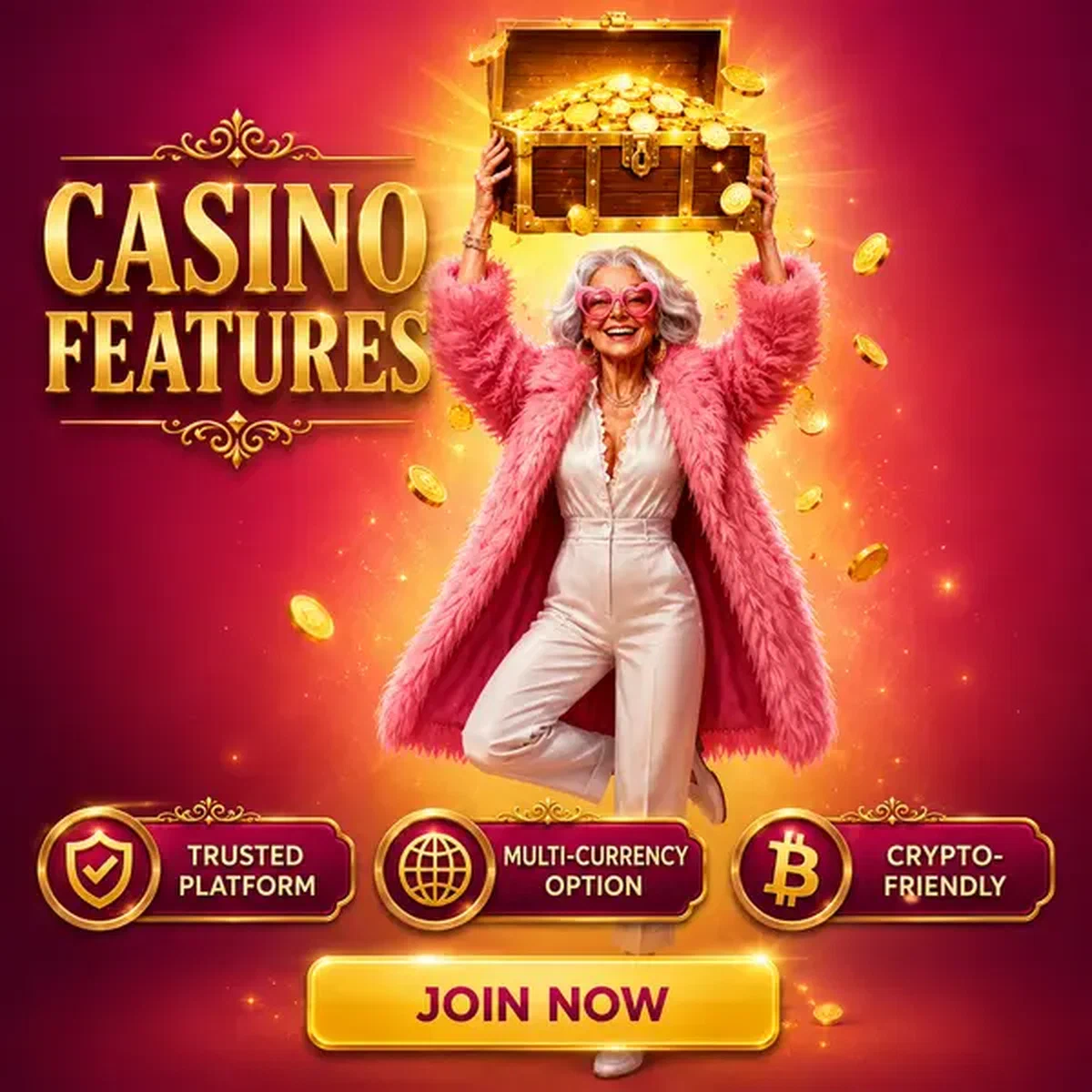 Spingranny Casino-Funktionen hervorgehoben, während jubelnder Gewinner Schatztruhe voller Münzen hält