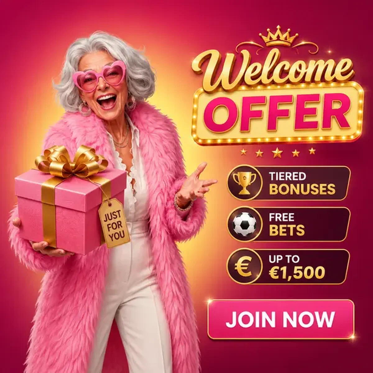 Ältere Dame präsentiert Willkommensgeschenk in der Spingranny Sportsbook Sportwetten-Lounge