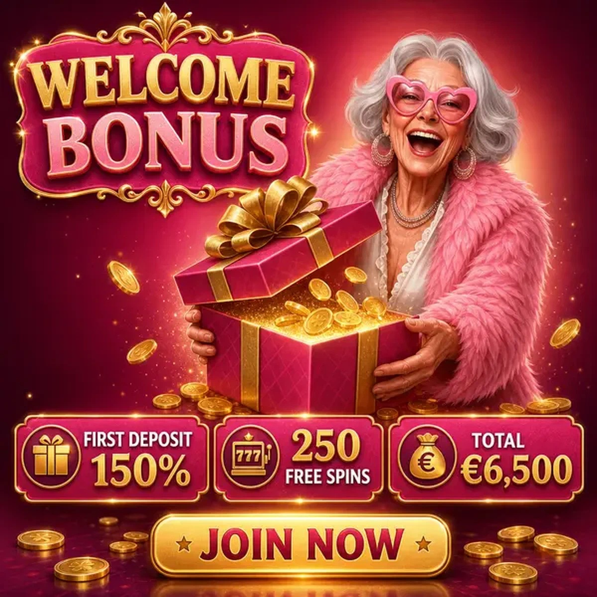 Spingranny präsentiert Willkommensbonus-Geschenk mit goldenem Band und Feier-Münzen