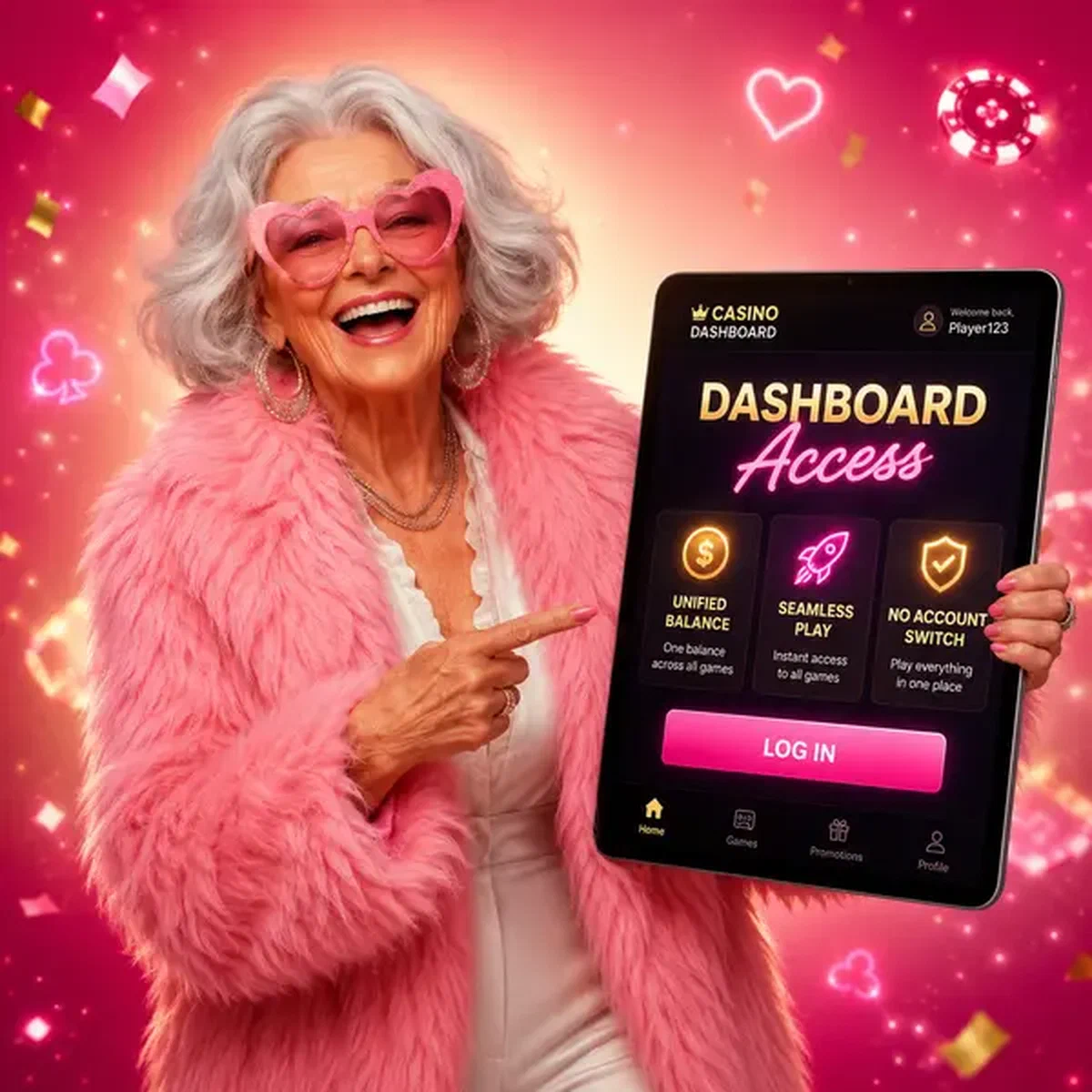 Ältere Frau mit Tablet, das Spingranny Casino Login-Dashboard in warmem rosa Licht zeigt