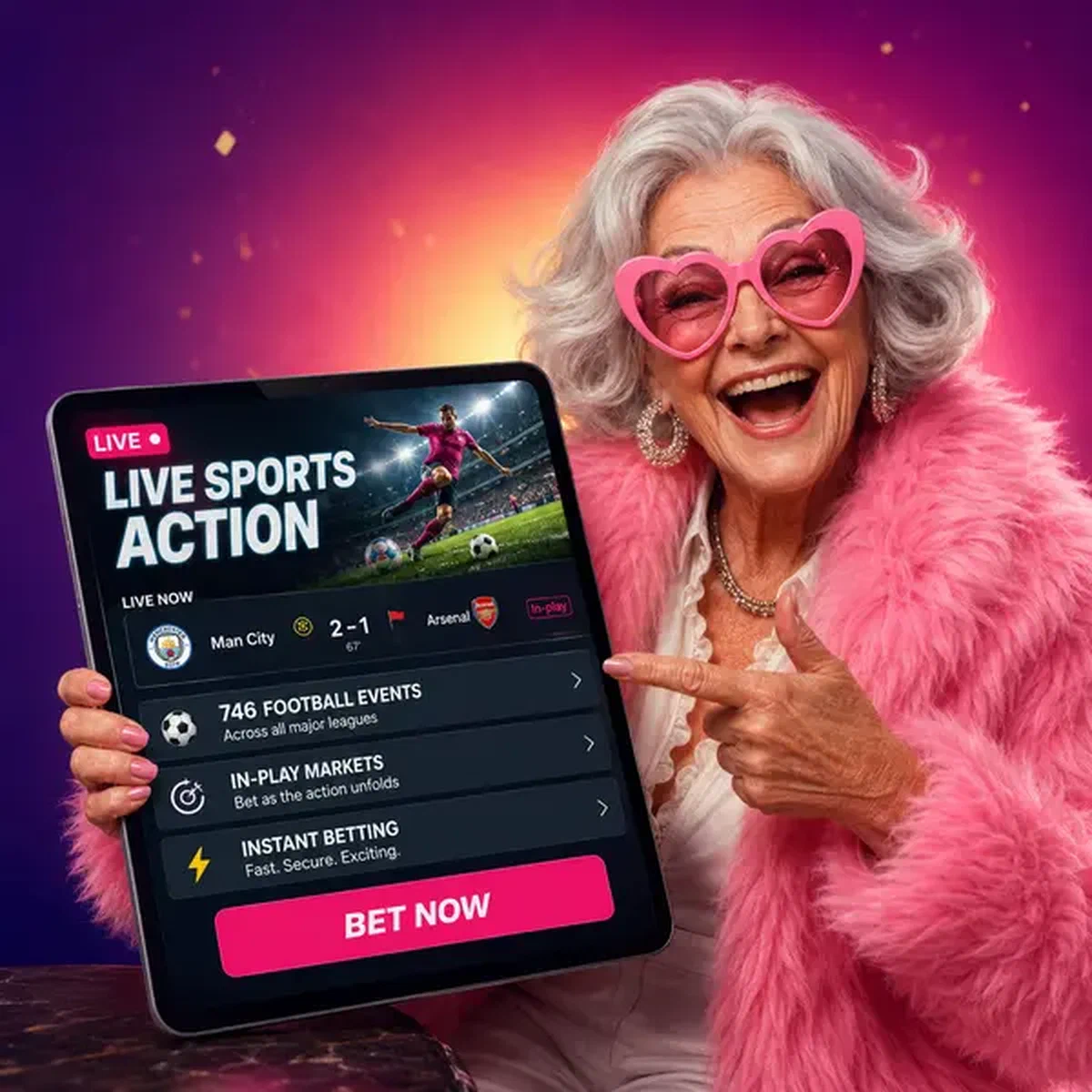 Ältere Dame prüft Live-Sportwetten-Quoten auf Tablet bei Live Sports Action Right Now