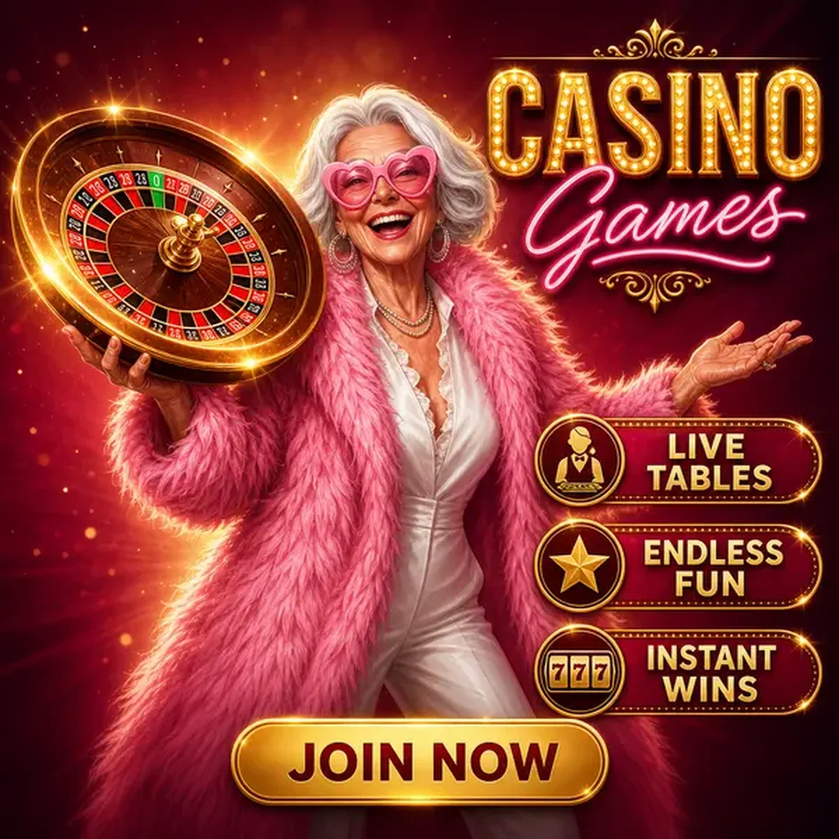 Enthusiastische Frau in rosa Mantel hält leuchtendes Roulette-Rad an Spingranny Casino Games Live-Tischen