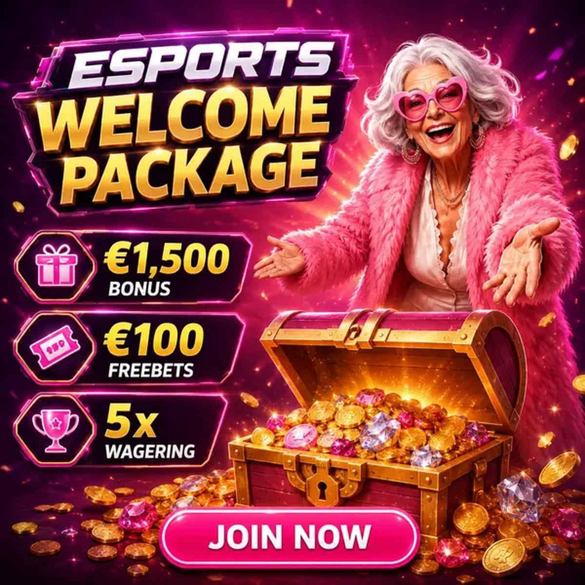 Ältere Frau präsentiert Esports-Schatztruhe am Spingranny-Willkommensbonus-Portal