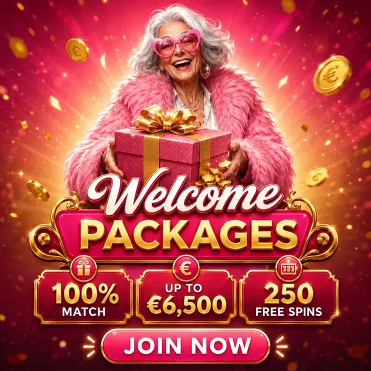 Ältere Frau im rosa Mantel präsentiert Partner-Geschenkbox am Casino-Empfang