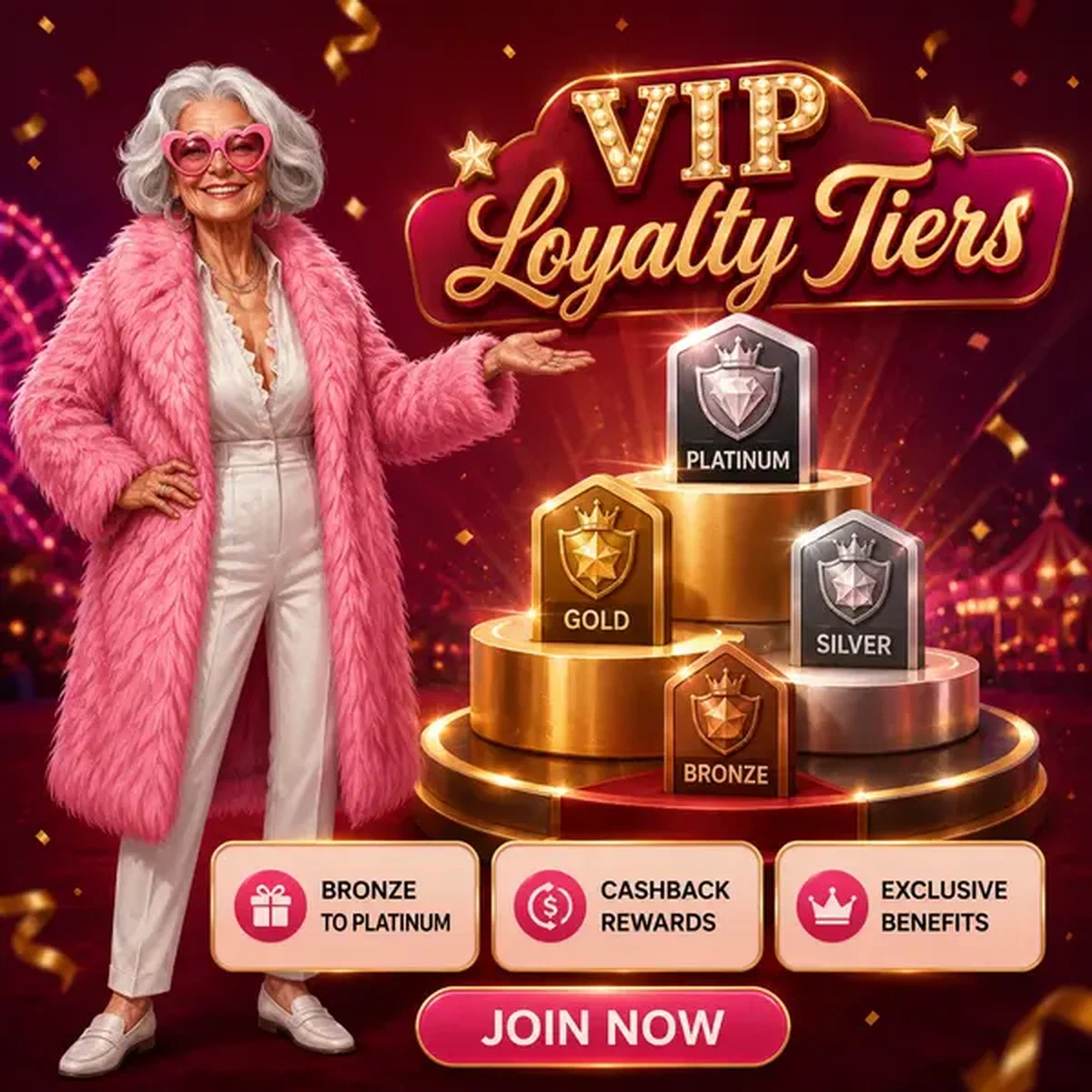 Charakter präsentiert VIP-Treue-Tier-Abzeichen bei Spingranny mit exklusiven Cashback-Belohnungen