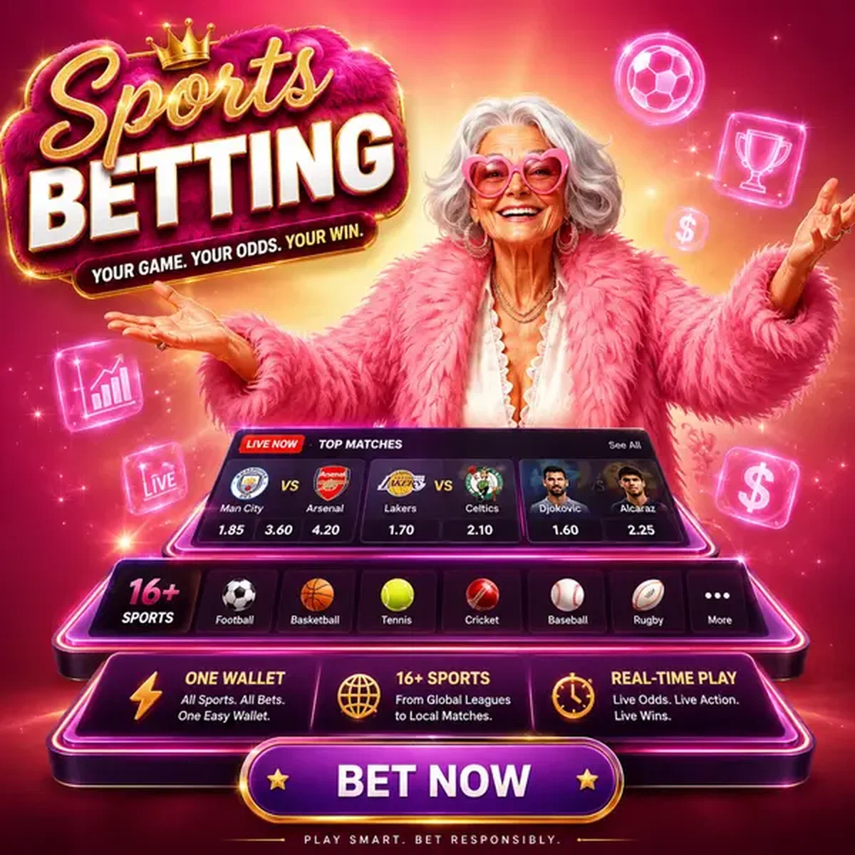 Ältere Frau feiert bei Spingranny Sports Betting Sportwettenbuch mit virtueller Wettanzeige